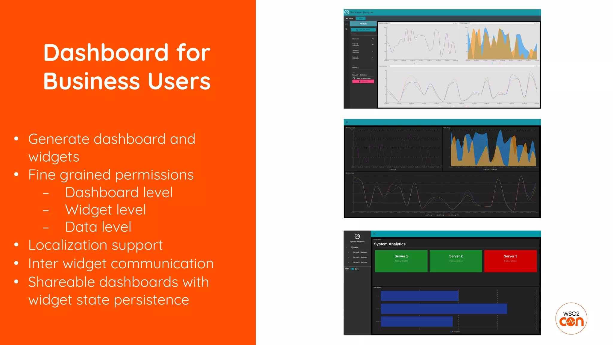 Dashboard for
Business Users
• Generate dashboard and
widgets
• Fine grained permissions
– Dashboard level
– Widget level
– Data level
• Localization support
• Inter widget communication
• Shareable dashboards with
widget state persistence
 