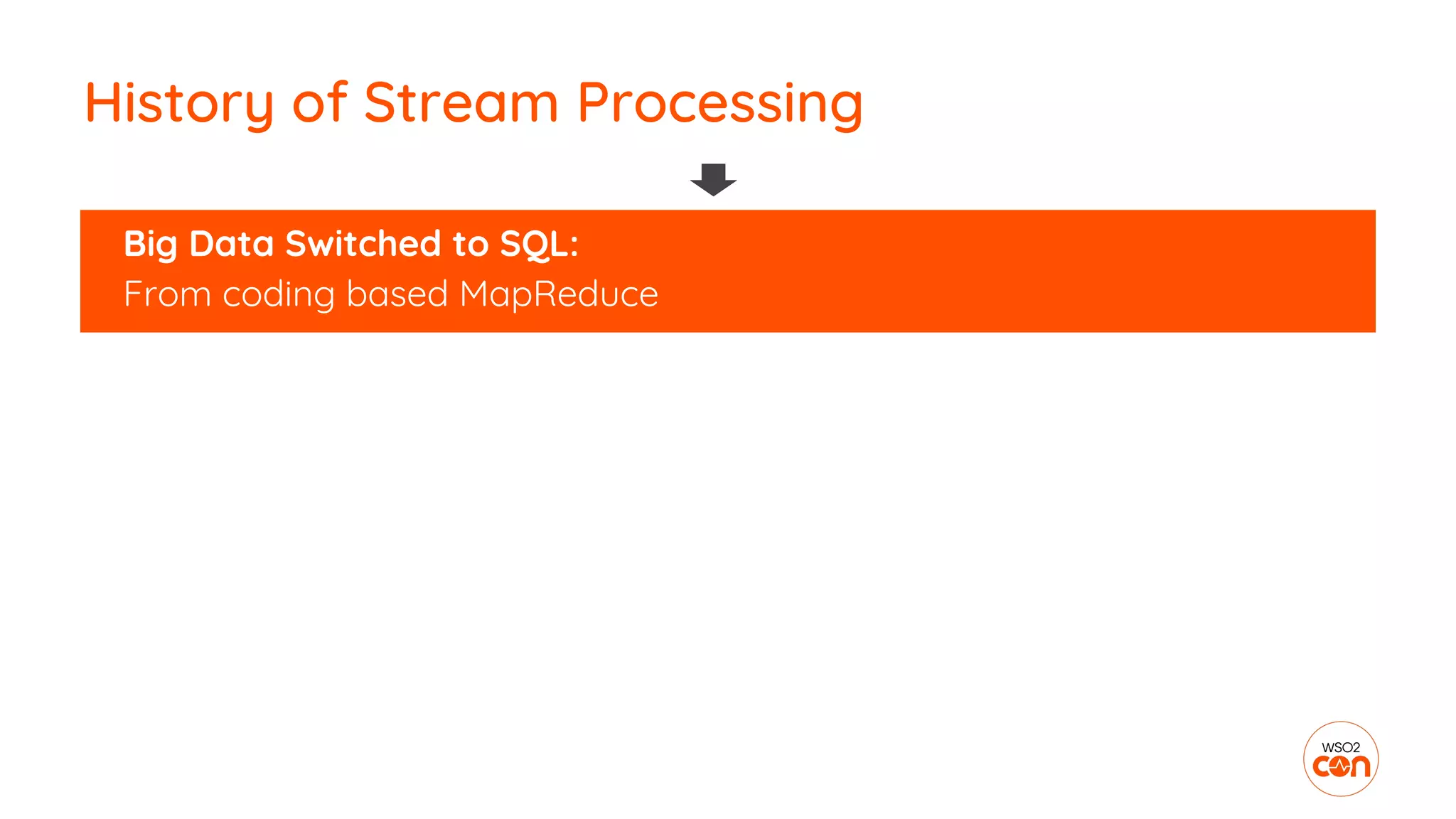 History of Stream Processing
Big Data Switched to SQL:
From coding based MapReduce
 