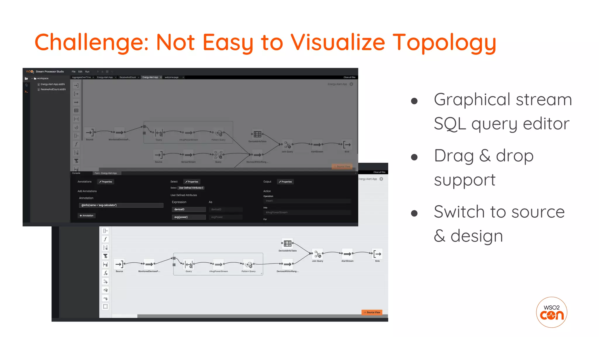 ● Graphical stream
SQL query editor
● Drag & drop
support
● Switch to source
& design
Challenge: Not Easy to Visualize Topology
 