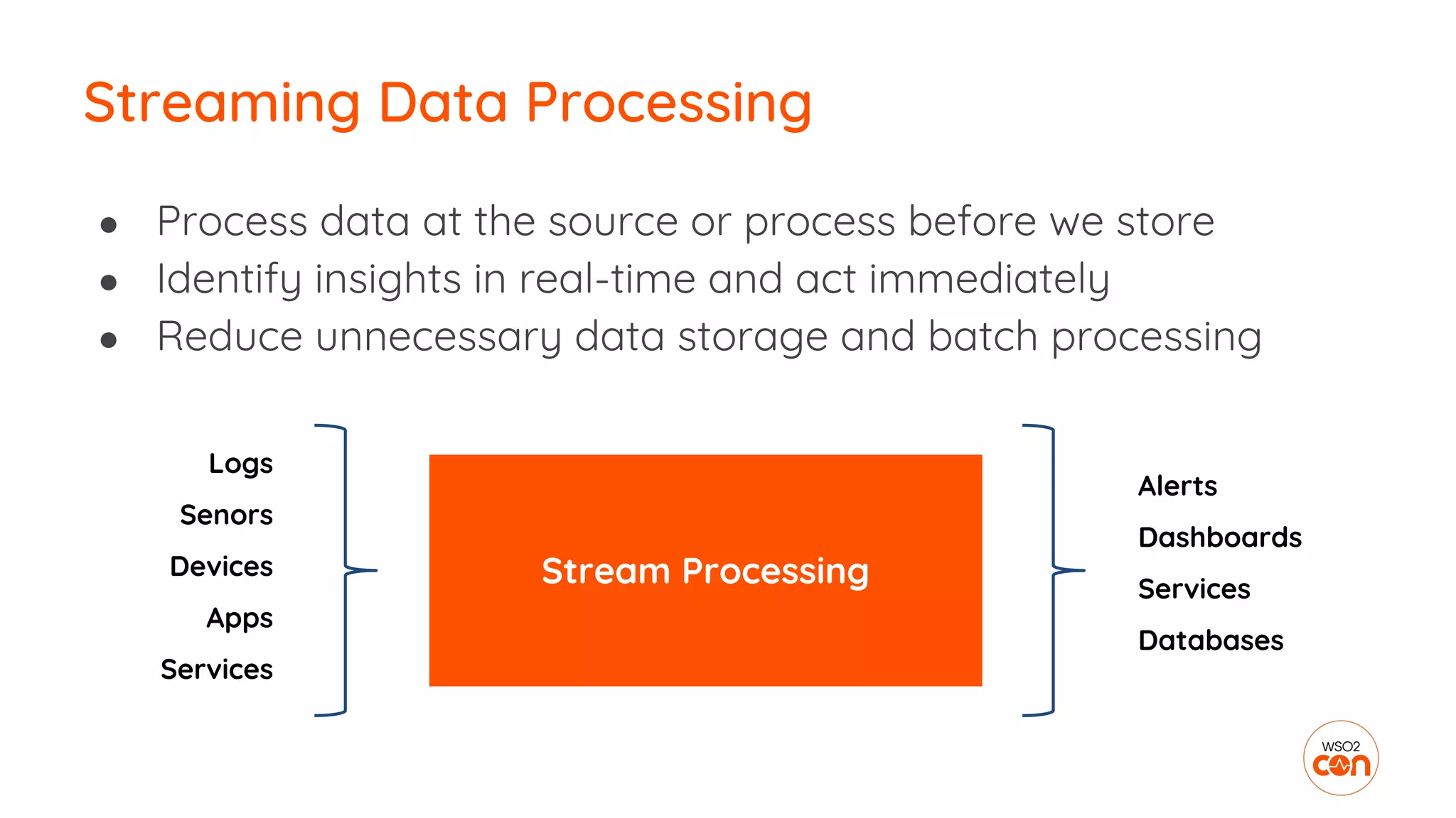 ● Process data at the source or process before we store
● Identify insights in real-time and act immediately
● Reduce unnecessary data storage and batch processing
Streaming Data Processing
Stream Processing
Logs
Senors
Devices
Apps
Services
Alerts
Dashboards
Services
Databases
 