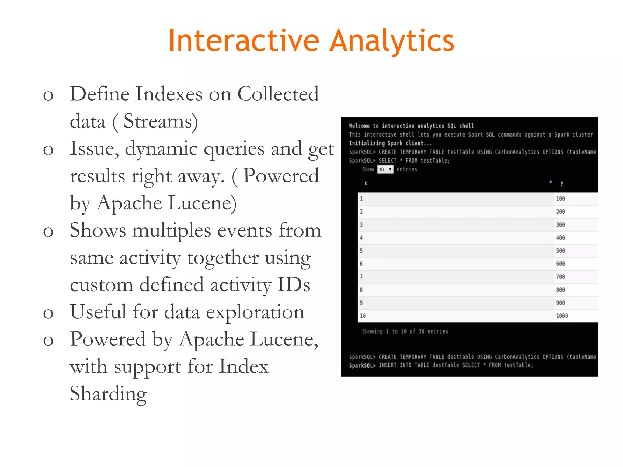Interactive Analytics o Define Indexes on Collected data ( Streams) o Issue, dynamic queries and get results right away. ( Powered by Apache Lucene) o Shows multiples events from same activity together using custom defined activity IDs o Useful for data exploration o Powered by Apache Lucene, with support for Index Sharding 