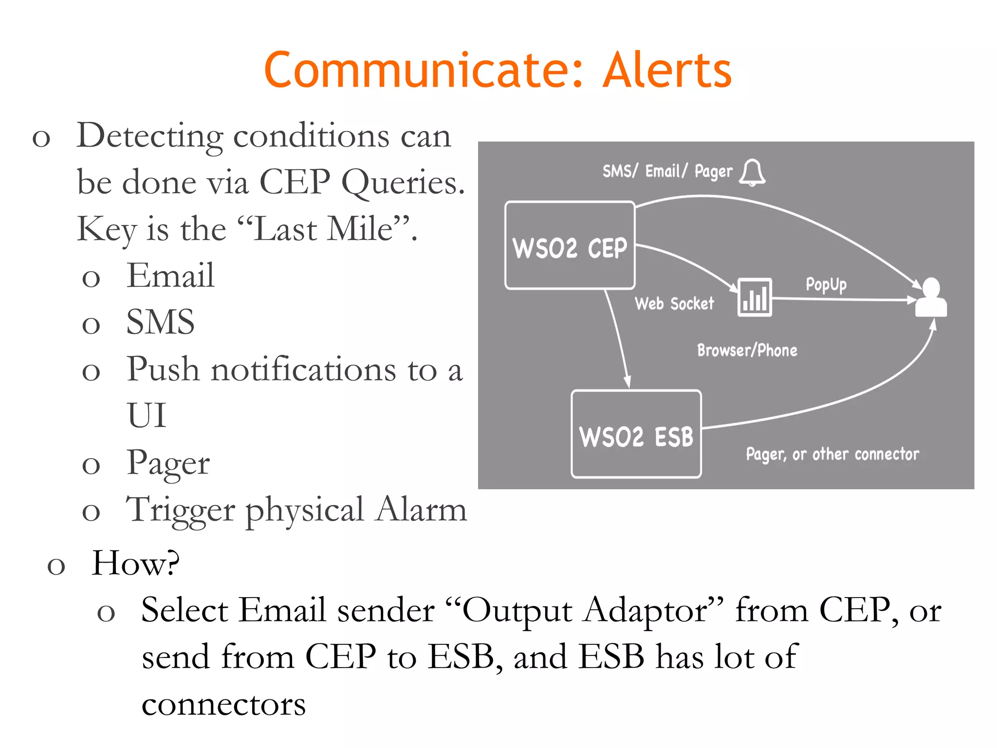 Communicate: Alerts o Detecting conditions can be done via CEP Queries. Key is the “Last Mile”. o Email o SMS o Push notifications to a UI o Pager o Trigger physical Alarm o How? o Select Email sender “Output Adaptor” from CEP, or send from CEP to ESB, and ESB has lot of connectors 