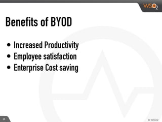 Benefits of BYOD
14
• Increased Productivity
• Employee satisfaction
• Enterprise Cost saving
 
