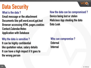 How the data can be compromised ?
Device being lost or stolen
Malicious App stealing the data
Data Leak
What is the data ?
Email message or the attachment
Documents like pdf,word,excel,ppt,text
Browser accessing HTML pages,cookies
Contact,Calendar,Notes
Application with Database
Why the data is sensitive ?
It can be highly confidential
like quotation value, salary details
It can have a high impact if it goes to
the wrong person
Who can compromise ?
External
Internal
Data Security
21
 