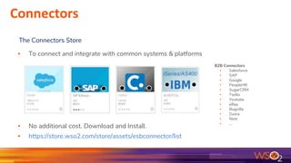 ▪ To connect and integrate with common systems & platforms
▪ No additional cost. Download and Install.
▪ https://store.wso2.com/store/assets/esbconnector/list
The Connectors Store
B2B Connectors
▪ Salesforce
▪ SAP
▪ Google
▪ PeopleHR
▪ SugarCRM
▪ Twilio
▪ Youtube
▪ eBay
▪ Bugzilla
▪ Zuora
▪ Nest
▪ ...
Connectors
 