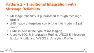 Pattern 2 - Traditional Integration with
Message Reliability
• Message reliability is guaranteed through message
broker
• JMS heavy enterprises can bridge into modern SaaS
world
• Publish-Subscribe type of messaging
• Uses WSO2 EI Integration Profile, WSO2 EI Message
Broker Profile and WSO2 EI Analytics Profile
 