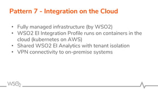 Pattern 7 - Integration on the Cloud
• Fully managed infrastructure (by WSO2)
• WSO2 EI Integration Profile runs on containers in the
cloud (kubernetes on AWS)
• Shared WSO2 EI Analytics with tenant isolation
• VPN connectivity to on-premise systems
 