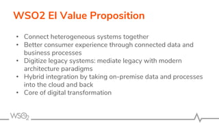 WSO2 EI Value Proposition
• Connect heterogeneous systems together
• Better consumer experience through connected data and
business processes
• Digitize legacy systems: mediate legacy with modern
architecture paradigms
• Hybrid integration by taking on-premise data and processes
into the cloud and back
• Core of digital transformation
 