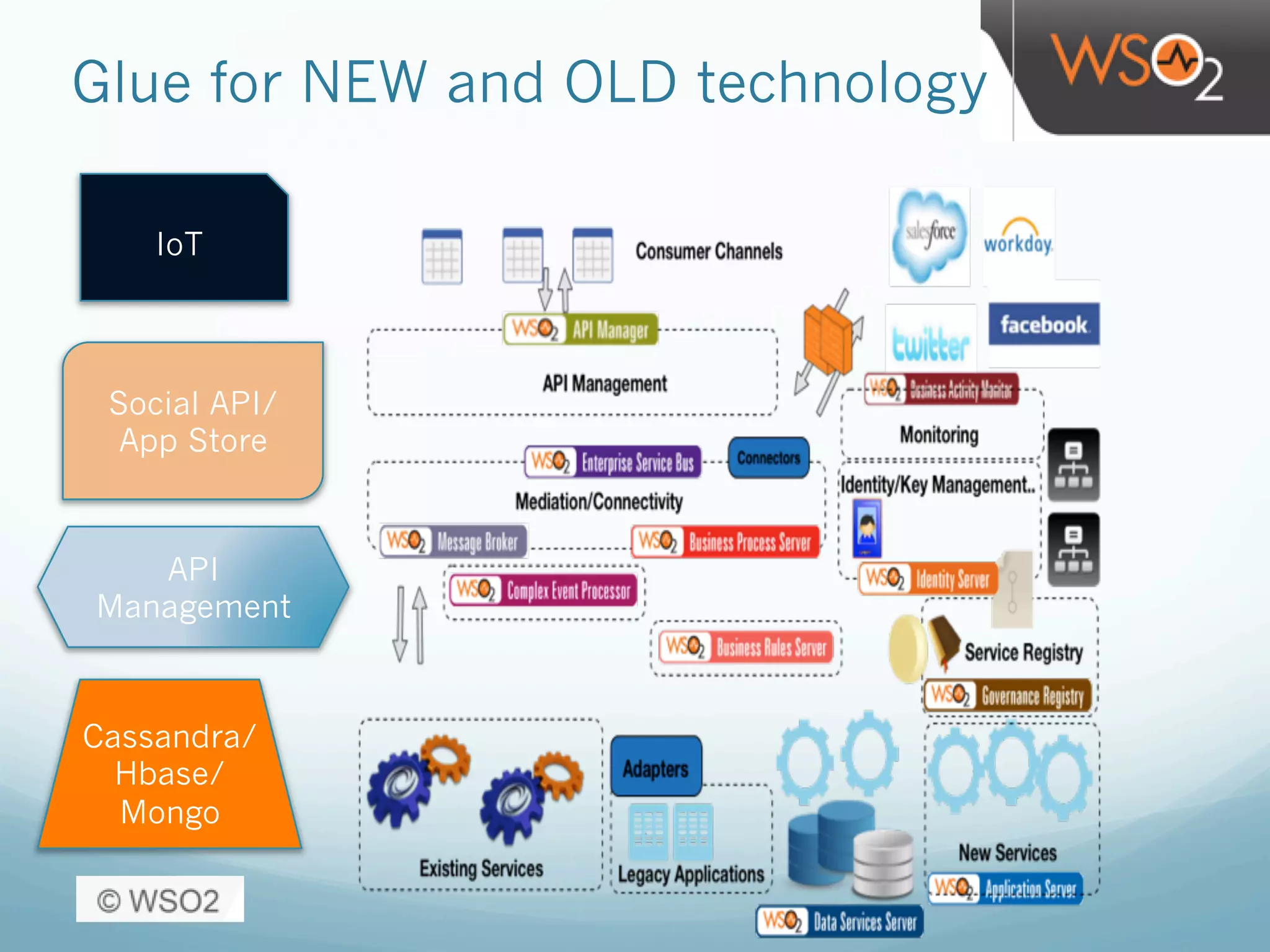 Glue for NEW and OLD technology
Cassandra/
Hbase/
Mongo
Social API/
App Store
API
Management
IoT
 