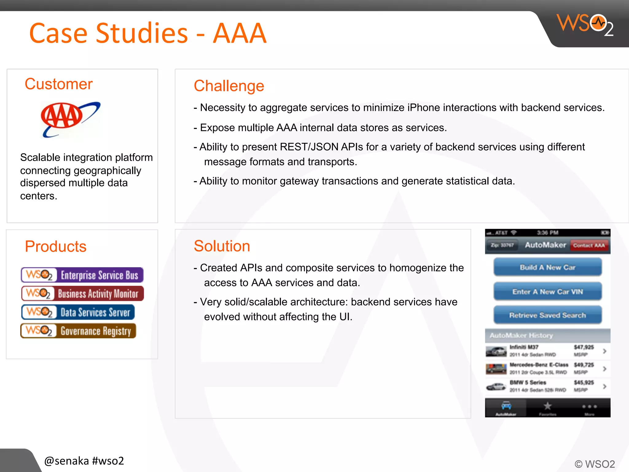 Products
Case	
  Studies	
  -­‐	
  AAA	
  
Challenge
- Necessity to aggregate services to minimize iPhone interactions with backend services.
- Expose multiple AAA internal data stores as services.
- Ability to present REST/JSON APIs for a variety of backend services using different
message formats and transports.
- Ability to monitor gateway transactions and generate statistical data.
Solution
- Created APIs and composite services to homogenize the
access to AAA services and data.
- Very solid/scalable architecture: backend services have
evolved without affecting the UI.
Customer
Scalable integration platform
connecting geographically
dispersed multiple data
centers.
@senaka	
  #wso2	
  
 