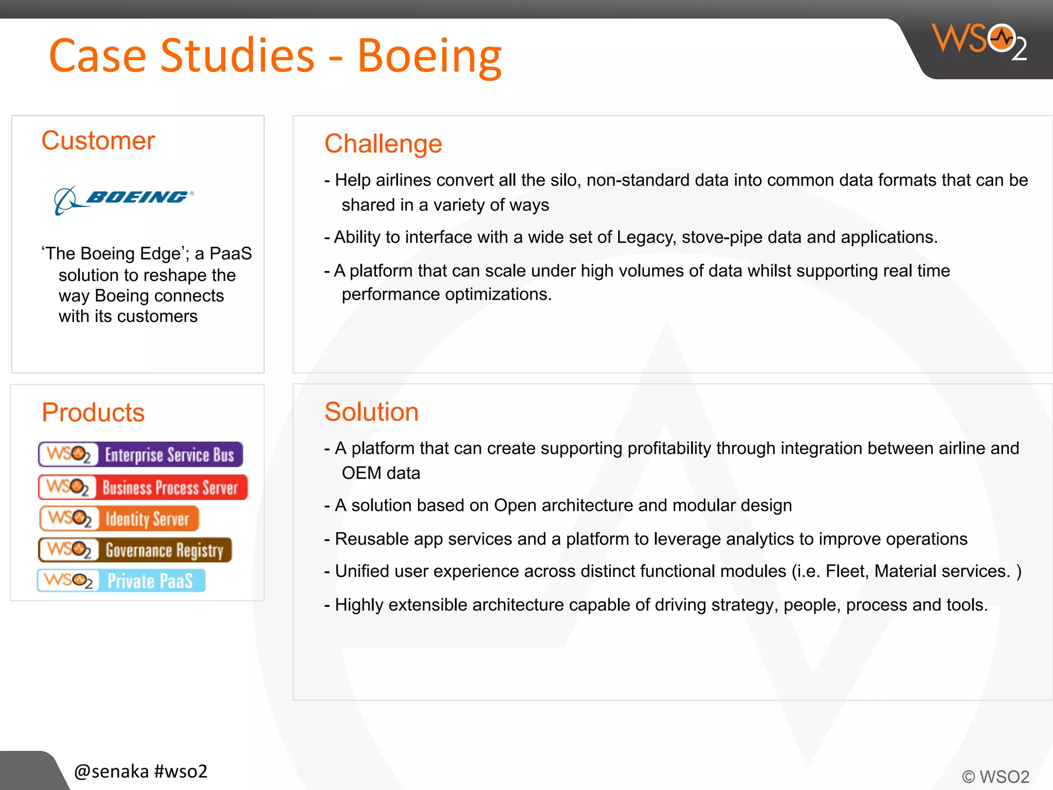 Products
Case	
  Studies	
  -­‐	
  Boeing	
  
Challenge
- Help airlines convert all the silo, non-standard data into common data formats that can be
shared in a variety of ways
- Ability to interface with a wide set of Legacy, stove-pipe data and applications.
- A platform that can scale under high volumes of data whilst supporting real time
performance optimizations.
Solution
- A platform that can create supporting profitability through integration between airline and
OEM data
- A solution based on Open architecture and modular design
- Reusable app services and a platform to leverage analytics to improve operations
- Unified user experience across distinct functional modules (i.e. Fleet, Material services. )
- Highly extensible architecture capable of driving strategy, people, process and tools.
Customer
The Boeing Edge ; a PaaS
solution to reshape the
way Boeing connects
with its customers
@senaka	
  #wso2	
  
 
