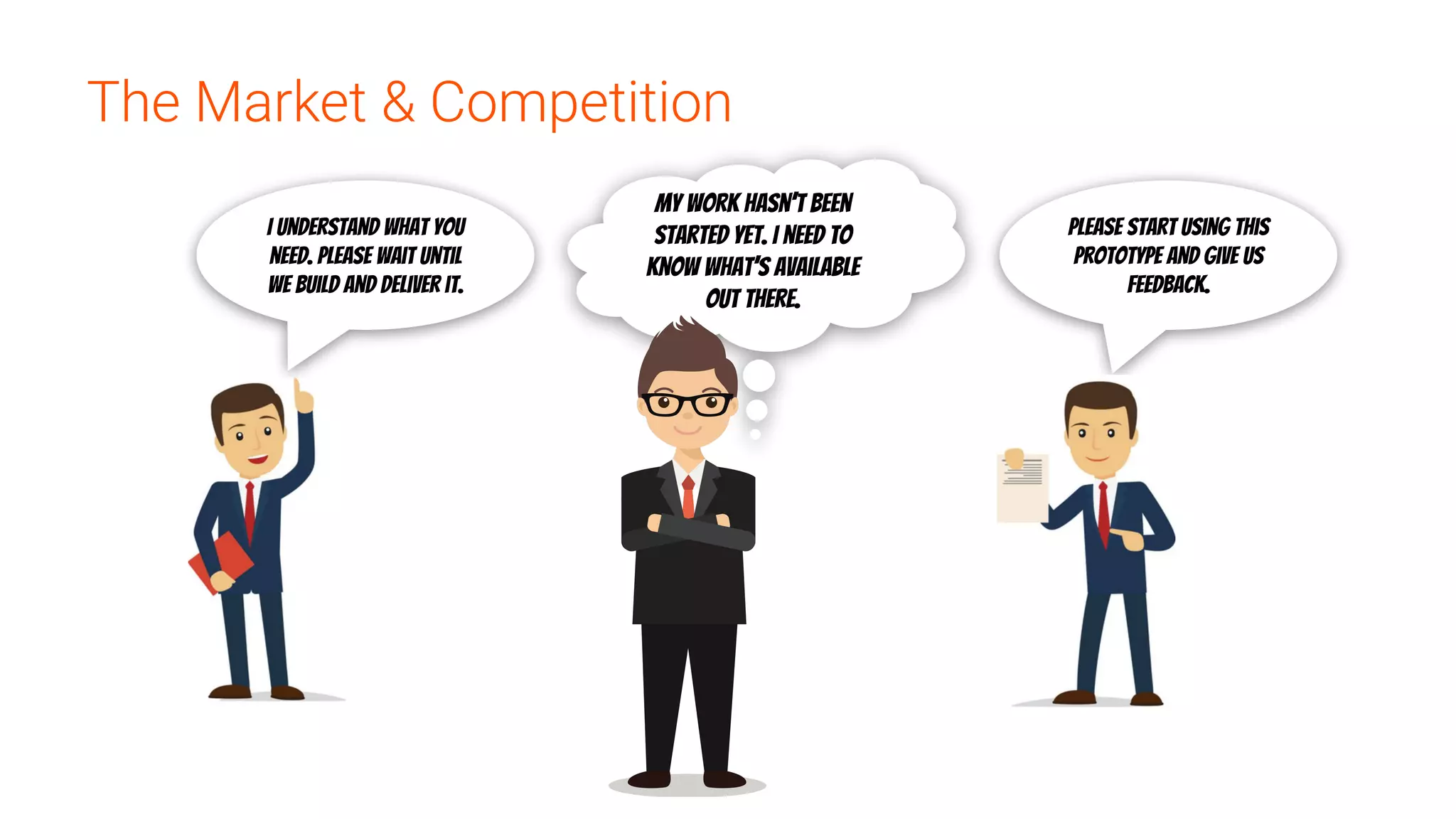 My work hasn’t been
started yet. I need to
know what’s available
out there.
Please start using this
prototype and give us
feedback.
I understand what you
need. Please wait until
we build and deliver it.
The Market & Competition
 