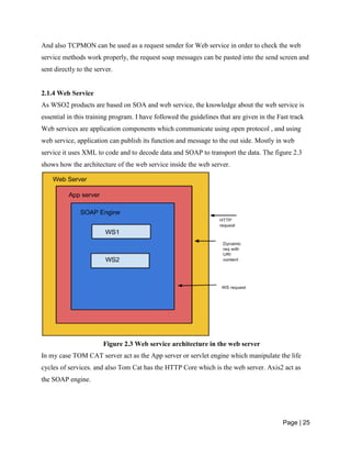 Page | 25
And also TCPMON can be used as a request sender for Web service in order to check the web
service methods work properly, the request soap messages can be pasted into the send screen and
sent directly to the server.
2.1.4 Web Service
As WSO2 products are based on SOA and web service, the knowledge about the web service is
essential in this training program. I have followed the guidelines that are given in the Fast track
Web services are application components which communicate using open protocol , and using
web service, application can publish its function and message to the out side. Mostly in web
service it uses XML to code and to decode data and SOAP to transport the data. The figure 2.3
shows how the architecture of the web service inside the web server.
Figure 2.3 Web service architecture in the web server
In my case TOM CAT server act as the App server or servlet engine which manipulate the life
cycles of services. and also Tom Cat has the HTTP Core which is the web server. Axis2 act as
the SOAP engine.
 