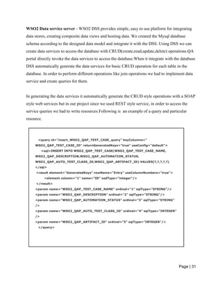 Page | 31
WSO2 Data service server - WSO2 DSS provides simple, easy to use platform for integrating
data stores, creating composite data views and hosting data. We created the Mysql database
schema according to the designed data model and integrate it with the DSS. Using DSS we can
create data services to access the database with CRUD(create,read,update,delete) operations.QA
portal directly invoke the data services to access the database.When it integrate with the database
DSS automatically generate the data services for basic CRUD operation for each table in the
database. In order to perform different operations like join operations we had to implement data
service and create queries for them.
In generating the data services it automatically generate the CRUD style operations with a SOAP
style web services but in our project since we used REST style service, in order to access the
service queries we had to write resources.Following is an example of a query and particular
resource.
 