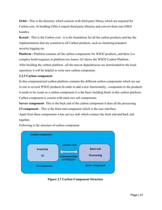 Page | 37
Orbit - This is the directory which consists with third party library which are required for
Carbon core. In building Orbit it import third party libraries and convert them into OSGI
bundles.
Kernel - This is the Carbon core , it is the foundation for all the carbon products and has the
implementation that are common to all Carbon products, such as clustering,transport
security,logging etc.
Platform - Platform contains all the carbon components for WSO2 products, and there is a
complex build sequence in platform too.Annex A5 shows the WSO2 Carbon Platform .
After building the carbon platform , all the maven dependencies are downloaded to the local
repository it will be helpful to write new carbon component.
2.3.3 Carbon component
In this componentized carbon platform contains the different carbon components which are use
in one to several WSO2 products.In order to add a new functionality , component to the products
it needs to be create as a carbon component it is the basic building block in this carbon platform.
Carbon component is consist with main two sub components
Server component- This is the back end of the carbon component it does all the processing
UI component - This is the front end component which is the user interface.
Apart from these components it has service stub which connect the front end and back end
together.
Following is the structure of carbon component
Figure 2.7 Carbon Component Structure
 