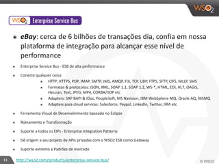 13 
๏ eBay: 
cerca 
de 
6 
bilhões 
de 
transações 
dia, 
confia 
em 
nossa 
plataforma 
de 
integração 
para 
alcançar 
esse 
nível 
de 
performance 
๏ Enterprise 
Service 
Bus 
-­‐ 
ESB 
de 
alta 
performance 
๏ Conecte 
qualquer 
coisa: 
๏ HTTP, 
HTTPS, 
POP, 
IMAP, 
SMTP, 
JMS, 
AMQP, 
FIX, 
TCP, 
UDP, 
FTPS, 
SFTP, 
CIFS, 
MLLP, 
SMS 
๏ Formatos 
& 
protocolos: 
JSON, 
XML, 
SOAP 
1.1, 
SOAP 
1.2, 
WS-­‐*, 
HTML, 
EDI, 
HL7, 
OAGIS, 
Hessian, 
Text, 
JPEG, 
MP4, 
CORBA/IIOP 
etc 
๏ Adapters: 
SAP 
BAPI 
& 
IDoc, 
PeopleSoft, 
MS 
Navision, 
IBM 
WebSphere 
MQ, 
Oracle 
AQ, 
MSMQ 
๏ Adapters 
para 
cloud 
services: 
Salesforce, 
Paypal, 
LinkedIn, 
Twitter, 
JIRA 
etc 
๏ Ferramenta 
Visual 
de 
Desenvolvimento 
baseado 
no 
Eclipse 
๏ Roteamento 
e 
Transformação 
๏ Suporte 
a 
todos 
os 
EIPs 
-­‐ 
Enterprise 
Integration 
Patterns 
๏ Dê 
origem 
a 
seu 
projeto 
de 
APIs 
privadas 
com 
o 
WSO2 
ESB 
como 
Gateway 
๏ Suporte 
extremo 
a 
Padrões 
de 
mercado 
http://wso2.com/products/enterprise-­‐service-­‐bus/ 
 