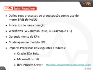 8 
๏ Defina 
seus 
processos 
de 
orquestração 
com 
o 
uso 
do 
motor 
BPEL 
da 
WSO2 
๏ Processos 
de 
longa 
duração 
๏ Workflows 
(WS-­‐Human 
Tasks, 
BPEL4People 
1.1) 
๏ Gerenciamento 
de 
KPIs 
๏ Modelagem 
no 
modelo 
BPEL 
๏ Importe 
Processos 
dos 
seguintes 
produtos: 
๏ Oracle 
SOA 
Suite 
๏ Microsoft 
Biztalk 
๏ IBM 
Process 
Server http://wso2.com/products/business-­‐process-­‐server/ 
 