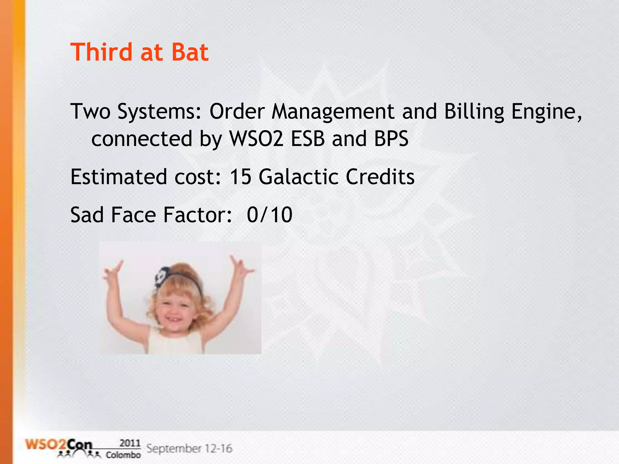 Third at Bat

Two Systems: Order Management and Billing Engine,
  connected by WSO2 ESB and BPS
Estimated cost: 15 Galactic Credits
Sad Face Factor: 0/10
 