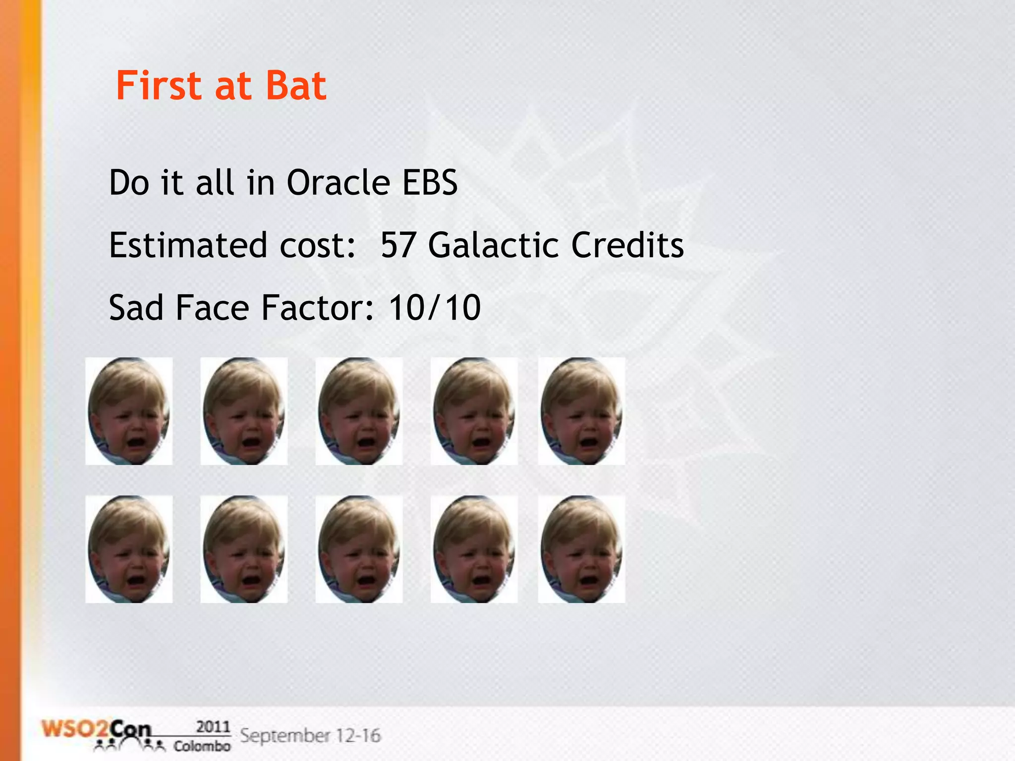 First at Bat

Do it all in Oracle EBS
Estimated cost: 57 Galactic Credits
Sad Face Factor: 10/10
 
