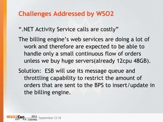Challenges Addressed by WSO2

“.NET Activity Service calls are costly”
The billing engine’s web services are doing a lot of
  work and therefore are expected to be able to
  handle only a small continuous flow of orders
  unless we buy huge servers(already 12cpu 48GB).
Solution: ESB will use its message queue and
  throttling capability to restrict the amount of
  orders that are sent to the BPS to insert/update in
  the billing engine.
 