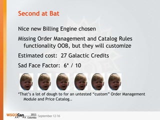 Second at Bat

Nice new Billing Engine chosen
Missing Order Management and Catalog Rules
  functionality OOB, but they will customize
Estimated cost: 27 Galactic Credits
Sad Face Factor: 6* / 10



*That’s a lot of dough to for an untested “custom” Order Management
   Module and Price Catalog..
 