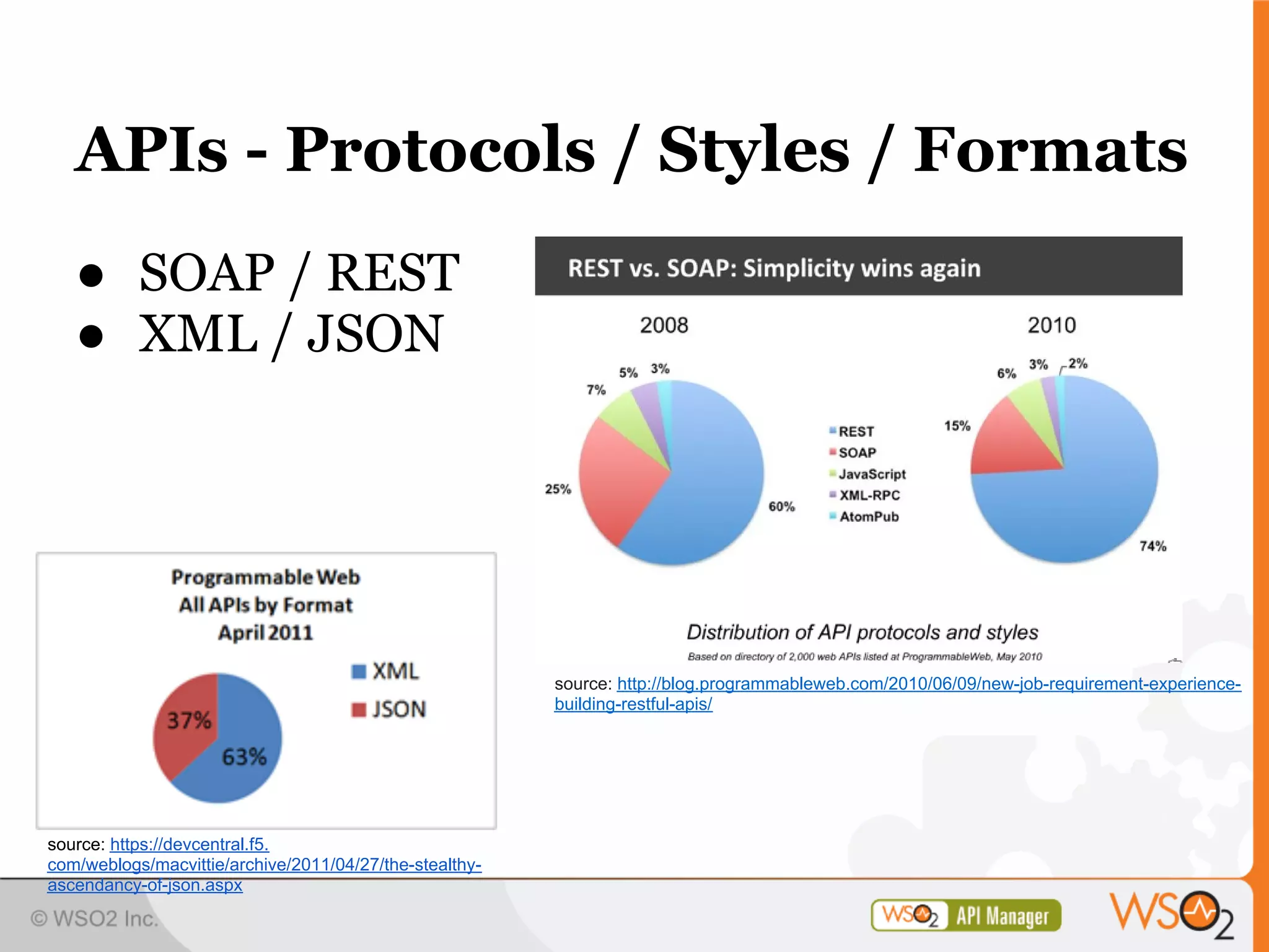 APIs - Protocols / Styles / Formats
   ● SOAP / REST
   ● XML / JSON




                                                         source: http://blog.programmableweb.com/2010/06/09/new-job-requirement-experience-
                                                         building-restful-apis/




source: https://devcentral.f5.
com/weblogs/macvittie/archive/2011/04/27/the-stealthy-
ascendancy-of-json.aspx
 