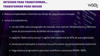 INTEGRAR PARA TRANSFORMAR… 
TRANSFORMAR PARA INOVAR
▸ Reduza complexidade e maximize seu tempo de resposta para inovação
▸ numa única plataforma
▸ um dos ESBs mais consagrados do mercado, com mais de 150 conectores e inúmeros
casos de processamento de bilhões de transações dia
▸ exponha “dados como serviço” e agilize todo o potencial de APIs de sua organização
▸ jamais perca transações e maximize sua performance com processamento assíncrono
▸ traga leveza e pragmatismo para seus workflows e processos BPMN / BPEL
 
