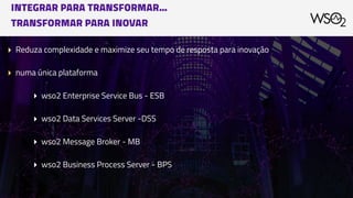 INTEGRAR PARA TRANSFORMAR… 
TRANSFORMAR PARA INOVAR
▸ Reduza complexidade e maximize seu tempo de resposta para inovação
▸ numa única plataforma
▸ wso2 Enterprise Service Bus - ESB
▸ wso2 Data Services Server -DSS
▸ wso2 Message Broker - MB
▸ wso2 Business Process Server - BPS
 