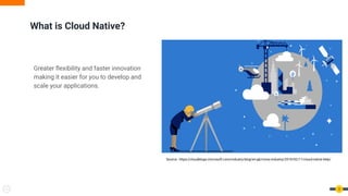 3
What is Cloud Native?
Greater ﬂexibility and faster innovation
making it easier for you to develop and
scale your applications.
Source : https://cloudblogs.microsoft.com/industry-blog/en-gb/cross-industry/2019/02/11/cloud-native-help/
 