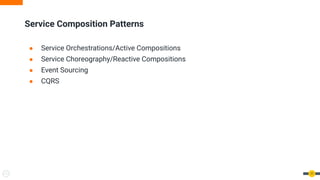 ● Service Orchestrations/Active Compositions
● Service Choreography/Reactive Compositions
● Event Sourcing
● CQRS
Service Composition Patterns
11
 