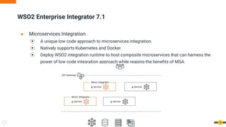 ● Microservices Integration
⦿ A unique low code approach to microservices integration.
⦿ Natively supports Kubernetes and Docker.
⦿ Deploy WSO2 integration runtime to host composite microservices that can harness the
power of low code integration approach while reaping the beneﬁts of MSA.
WSO2 Enterprise Integrator 7.1
18
 