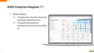● Visual Tooling
⦿ Visually design, develop, debug, test,
and deploy integration ﬂows
⦿ A drag-and-drop graphical
development environment for WSO2
EI.
WSO2 Enterprise Integrator 7.1
21
 