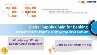 Digital Supply Chain for Banking
Experiencing the Benefits of API Driven Open Banking
Wondering.. Whats
Supply Chain doing here
....
Lets experience it now
Open Banking is not ONLY about APIs ...
Its about Security and Trust too ...
because we share Information only with TRUSTED entities ...
 