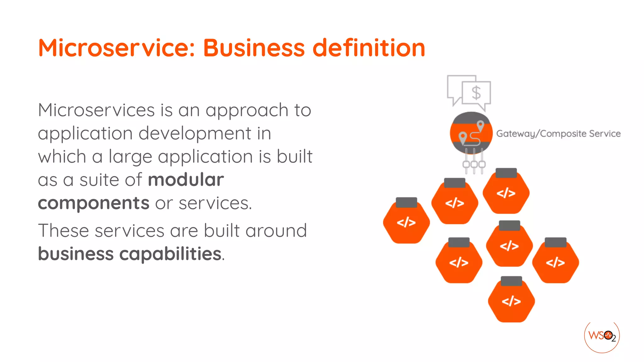 Microservice: Business definition
Microservices is an approach to
application development in
which a large application is built
as a suite of modular
components or services.
These services are built around
business capabilities.
 