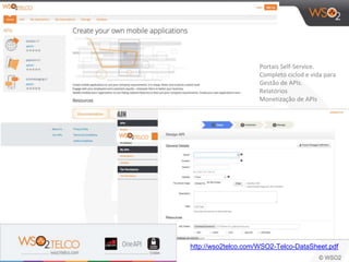 Portais Self-Service.
Completo ciclod e vida para
Gestão de APIs.
Relatórios
Monetização de APIs
http://wso2telco.com/WSO2-Telco-DataSheet.pdf
 