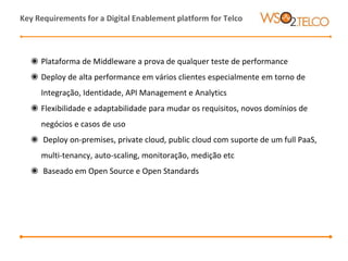 ◉ Plataforma de Middleware a prova de qualquer teste de performance
◉ Deploy de alta performance em vários clientes especialmente em torno de
Integração, Identidade, API Management e Analytics
◉ Flexibilidade e adaptabilidade para mudar os requisitos, novos domínios de
negócios e casos de uso
◉ Deploy on-premises, private cloud, public cloud com suporte de um full PaaS,
multi-tenancy, auto-scaling, monitoração, medição etc
◉ Baseado em Open Source e Open Standards
Key Requirements for a Digital Enablement platform for Telco
 