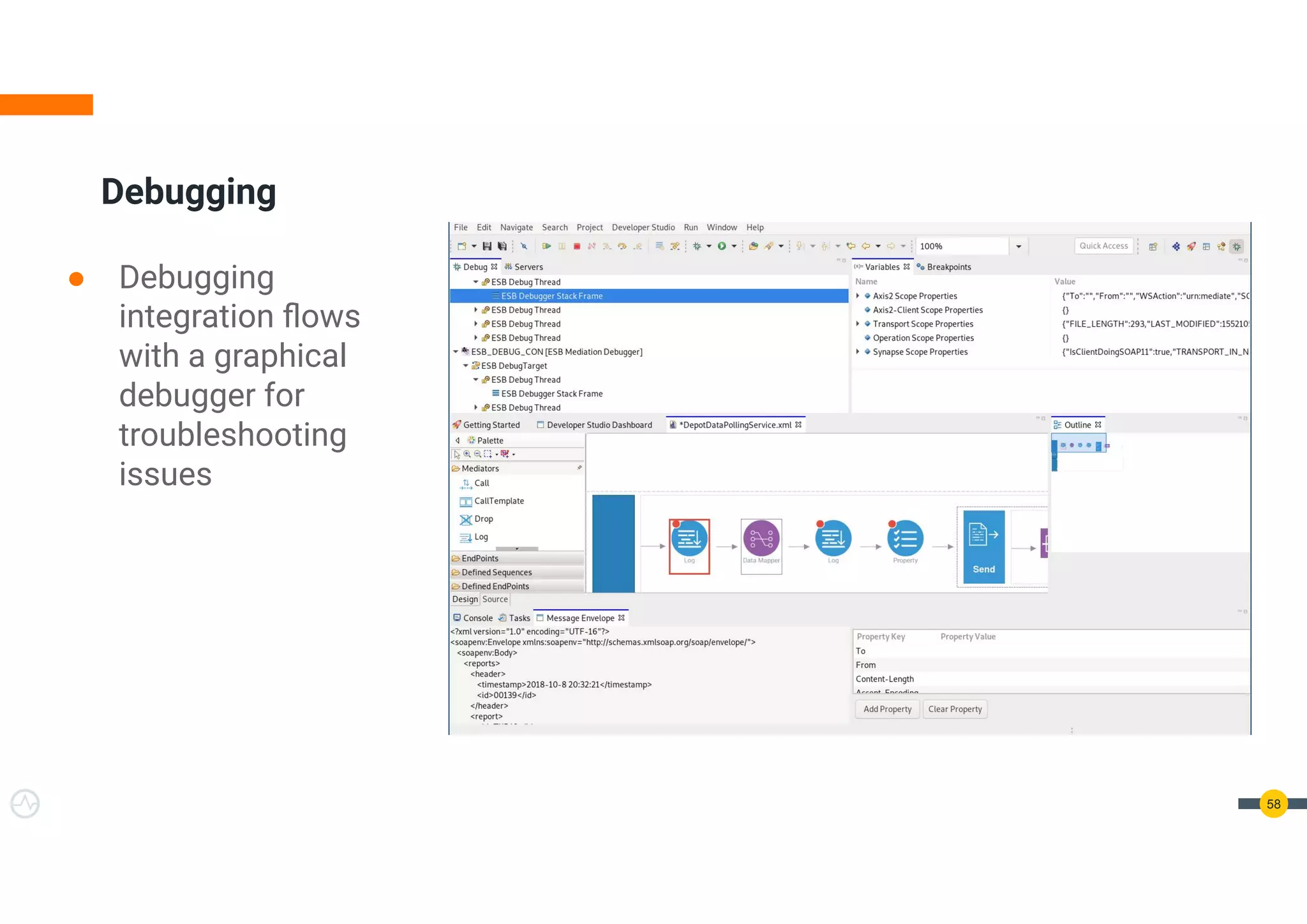 ● Debugging
integration ﬂows
with a graphical
debugger for
troubleshooting
issues
Debugging
58
 
