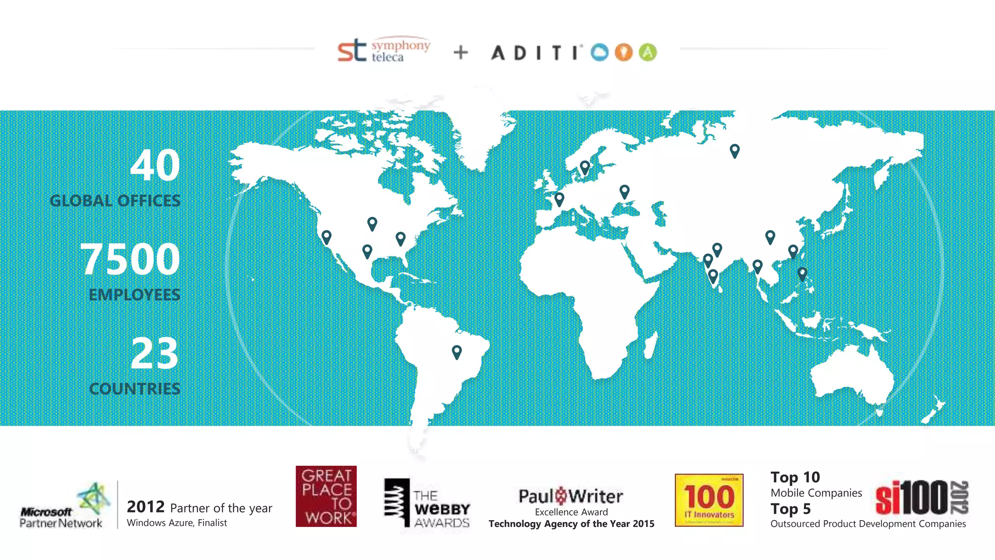 40
GLOBAL OFFICES
7500
EMPLOYEES
23
COUNTRIES
Top 10
Mobile Companies
Top 5
Outsourced Product Development Companies
2012 Partner of the year
Windows Azure, Finalist
Excellence Award
Technology Agency of the Year 2015
 