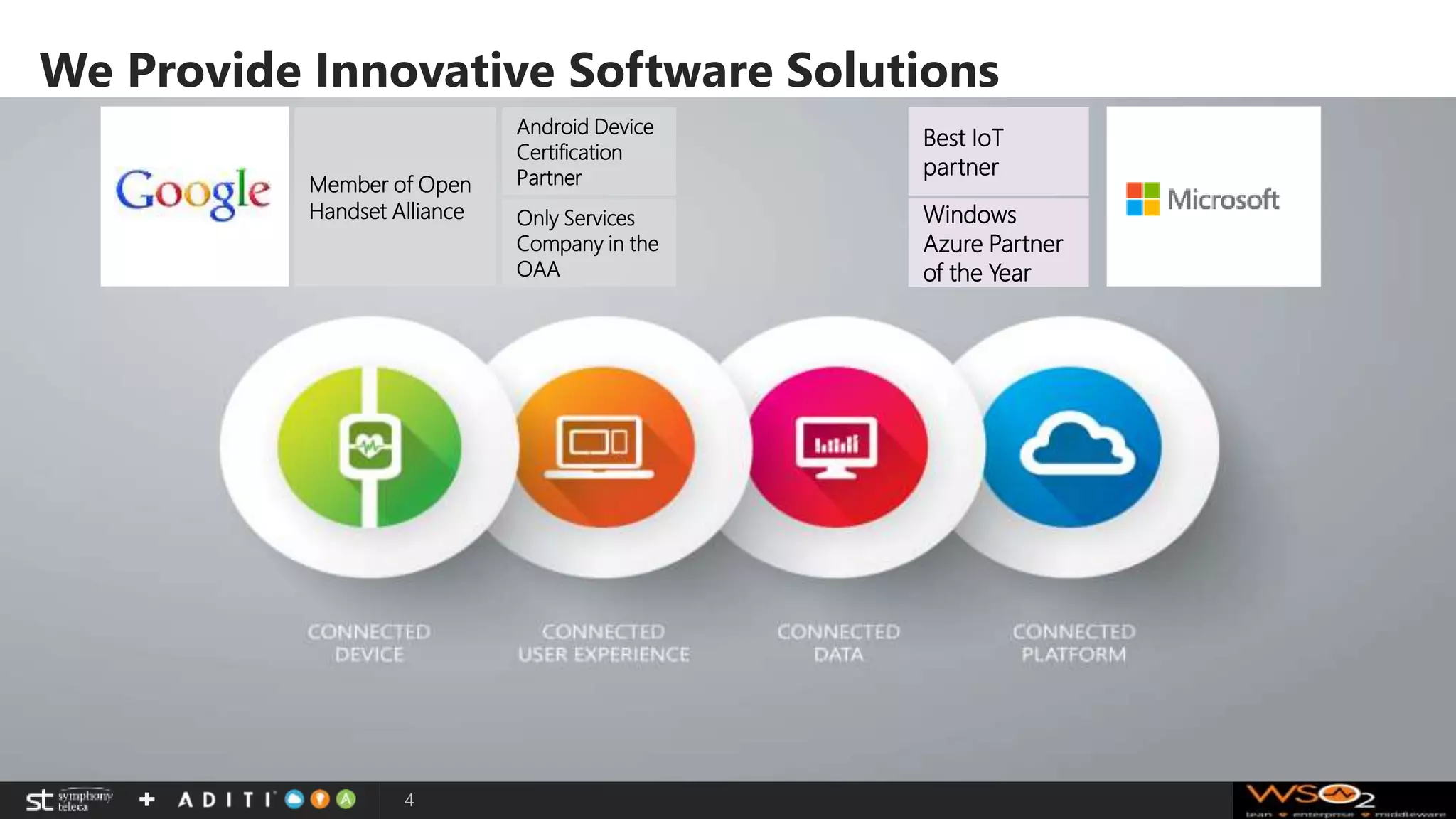 We Provide Innovative Software Solutions
4
CLOUDDESIGN MOBILITY ANALYTICS
Member of Open
Handset Alliance
Android Device
Certification
Partner
Only Services
Company in the
OAA
Best IoT
partner
Windows
Azure Partner
of the Year
 