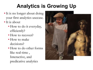 Analytics is Growing Up
▪ It is no longer about doing
your first analytics usecase.
▪ It is about
▪ How to do it everyday,
efficiently?
▪ How to recover?
▪ How to make
decisions?
▪ How to do other forms
like real-time ,
Interactive, and
predicative analytics
 