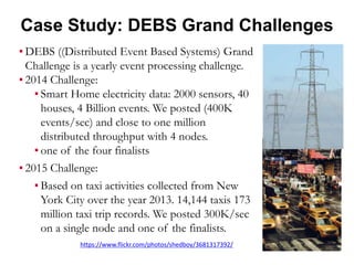 Case Study: DEBS Grand Challenges
▪ DEBS ((Distributed Event Based Systems) Grand
Challenge is a yearly event processing challenge.
▪ 2014 Challenge:
▪ Smart Home electricity data: 2000 sensors, 40
houses, 4 Billion events. We posted (400K
events/sec) and close to one million
distributed throughput with 4 nodes.
▪ one of the four finalists
▪ 2015 Challenge:
▪ Based on taxi activities collected from New
York City over the year 2013. 14,144 taxis 173
million taxi trip records. We posted 300K/sec
on a single node and one of the finalists.
https://www.flickr.com/photos/shedboy/3681317392/
 