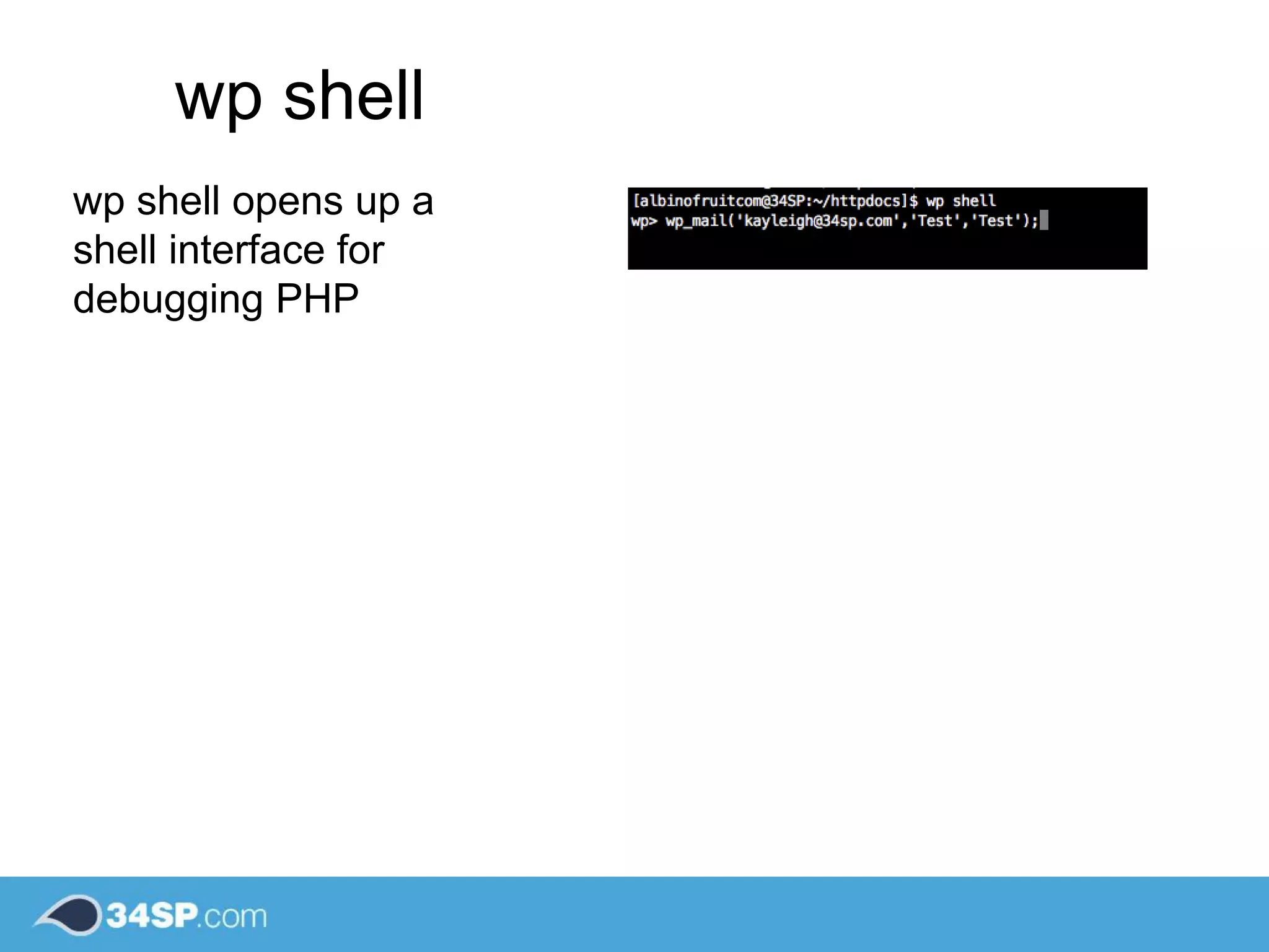wp shell
wp shell opens up a
shell interface for
debugging PHP
 