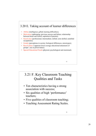 3.20 E. Taking account of learner differences
• Ability (intelligence; gifted; learning difficulties);
• Motivation (upbringing; previous success and failure; relationship
  between home and school; aspiration of parents);
• Social class (professional; intermediate; skilled; semi-skilled; unskilled
  occupations);
• Gender (perceptions in society; biological differences; stereotypes);
• Race/Culture (‘apparent lower average educational attainment of
  groups’; use as power/status);
• Special Educational Needs (physical, psychological and emotional).




                                                                55




    3.21 F. Key Classroom Teaching
          Qualities and Tasks
   • Ten characteristics having a strong
     association with success;
   • Six qualities of high ‘performance’
     teachers;
   • Five qualities of classroom teaching;
   • Teaching Assessment Rating Scales.

                                                                56




                                                                               28
 