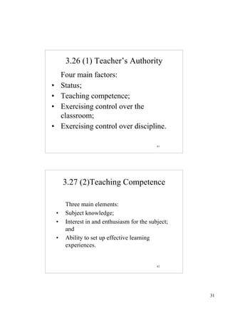 3.26 (1) Teacher’s Authority
        Four main factors:
•       Status;
•       Teaching competence;
•       Exercising control over the
        classroom;
•       Exercising control over discipline.

                                               61




        3.27 (2)Teaching Competence

         Three main elements:
    •    Subject knowledge;
    •    Interest in and enthusiasm for the subject;
         and
    •    Ability to set up effective learning
         experiences.


                                               62




                                                       31
 