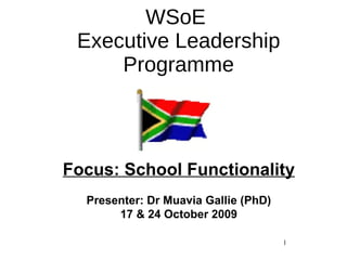 WSoE  Executive Leadership Programme Focus: School Functionality Presenter: Dr Muavia Gallie (PhD) 17 & 24 October 2009 