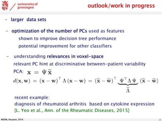 WSOM, Houston, 2016 20
outlook/work in progress
- optimization of the number of PCs used as features
shown to improve decision tree performance
potential improvement for other classifiers
- larger data sets
- understanding relevances in voxel-space
relevant PC hint at discriminative between-patient variability
PCA:
recent example:
diagnosis of rheumatoid arthritis based on cytokine expression
[L. Yeo et al., Ann. of the Rheumatic Diseases, 2015]
 