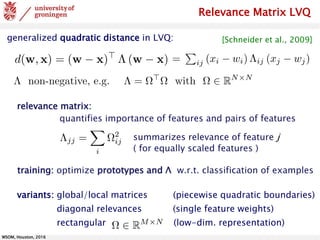 WSOM, Houston, 2016
Relevance Matrix LVQ
generalized quadratic distance in LVQ:
variants: global/local matrices (piecewise quadratic boundaries)
diagonal relevances (single feature weights)
rectangular (low-dim. representation)
[Schneider et al., 2009]
relevance matrix:
quantifies importance of features and pairs of features
summarizes relevance of feature j
( for equally scaled features )
training: optimize prototypes and Λ w.r.t. classification of examples
 