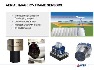 AERIAL IMAGERY- FRAME SENSORS
 Individual Flight Lines with
Overlapping Images
 Utilizes AbGPS & IMU
 Microsoft UltraCAM (Frame)
 Z/I DMC (Frame)
 