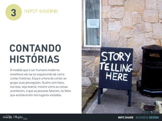 BUSINESS DESIGN
3
À medida que o ser humano moderno
envelhece ele vai se esquecendo de como
contar histórias. Essa é a hora de contar ao
grupo suas percepções. Ilustre com fotos,
escreva, seja teatral, mostre como as coisas
acontecem, o que as pessoas falaram, os fatos
que aconteceram nos lugares visitados.
INFO SHARE
INFO SHARE
CONTANDO
HISTÓRIAS
 