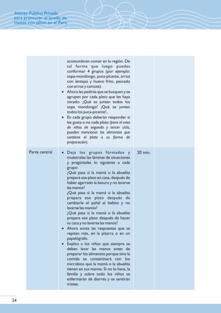 Parte central
acostumbren comer en la región. De
tal forma que luego puedas
conformar 4 grupos (por ejemplo:
sopa-mondongo, puca-picante, arroz
con lentejas y huevo frito, pescado
con arroz y camote).
· Ahora les pedirás que se busquen y se
agrupen por cada plato que les haya
tocado: ¡Qué se junten todos los
sopa mondongo! ¡Qué se junten
todos los puca-picante!..
· En cada grupo deberán responder si
les gusta o no cada plato (para el caso
de niños de segundo y tercer ciclo,
pueden mencionar los alimentos que
contiene el plato o su forma de
preparación).
· Deja los grupos formados y
muéstrales las láminas de situaciones
y pregúntales lo siguiente a cada
grupo:
¿Qué pasa si la mamá o la abuelita
prepara ese plato en casa, después de
haber agarrado la basura y no lavarse
las manos?
¿Qué pasa si la mamá o la abuelita
prepara ese plato después de
cambiarle el pañal al bebito y no
lavarse las manos?
¿Qué pasa si la mamá o la abuelita
prepara ese plato después de hacer
su caca y no lavarse las manos?
· Ahora anota las respuestas que se
repiten más, en la pizarra o en un
papelógrafo.
· Explica a los niños que siempre se
deben lavar las manos antes de
preparar los alimentos porque sino la
comida se contaminará con los
microbios que la mamá o la abuelita
tienen en sus manos. Si no lo hace, la
familia y sobre todo los niños se
enfermarán de diarrea y se sentirán
tristes.
20 min.
24
Alianza Público Privada
para promover el lavado de
manos con jabón en el Perú
 